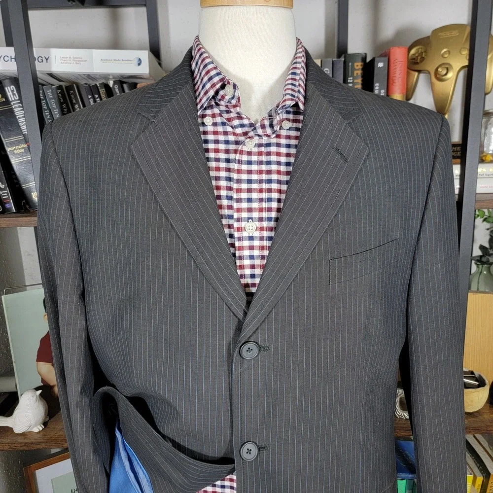 Banana Republic Men's 2PC Sport Coat Pants Gray Striped Cotton Size 44R‎ 36x29